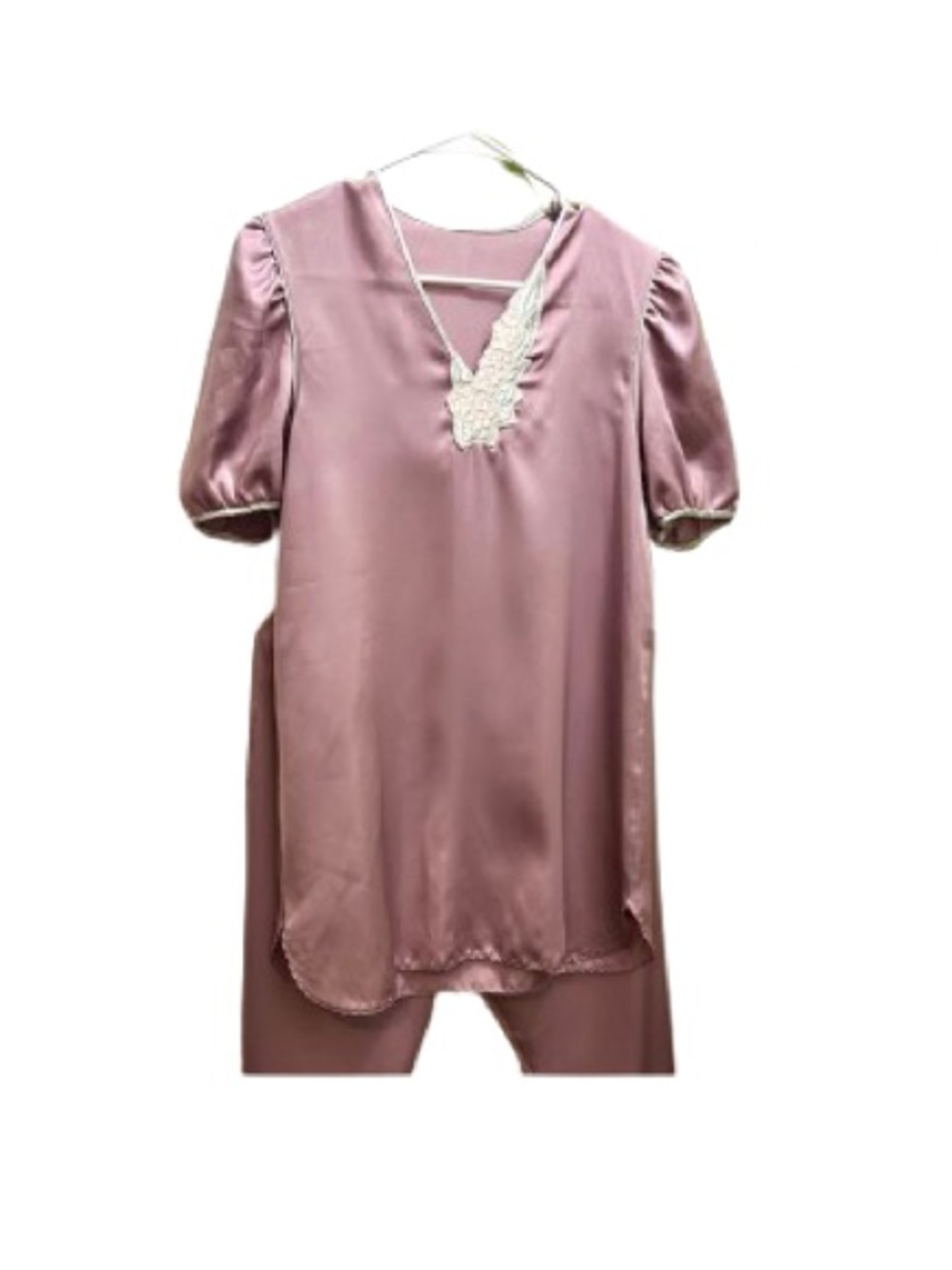 Vintage Women’s Mauve Satin Pajama Set,V-Neck with Cream Lace Trim Size Small